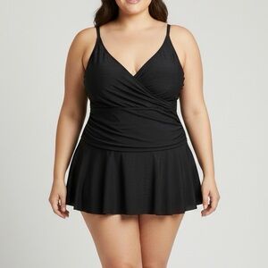 WHITE STAG Solid Black Built in Bra One Piece SwimDress Skirted SwimSuit 3X